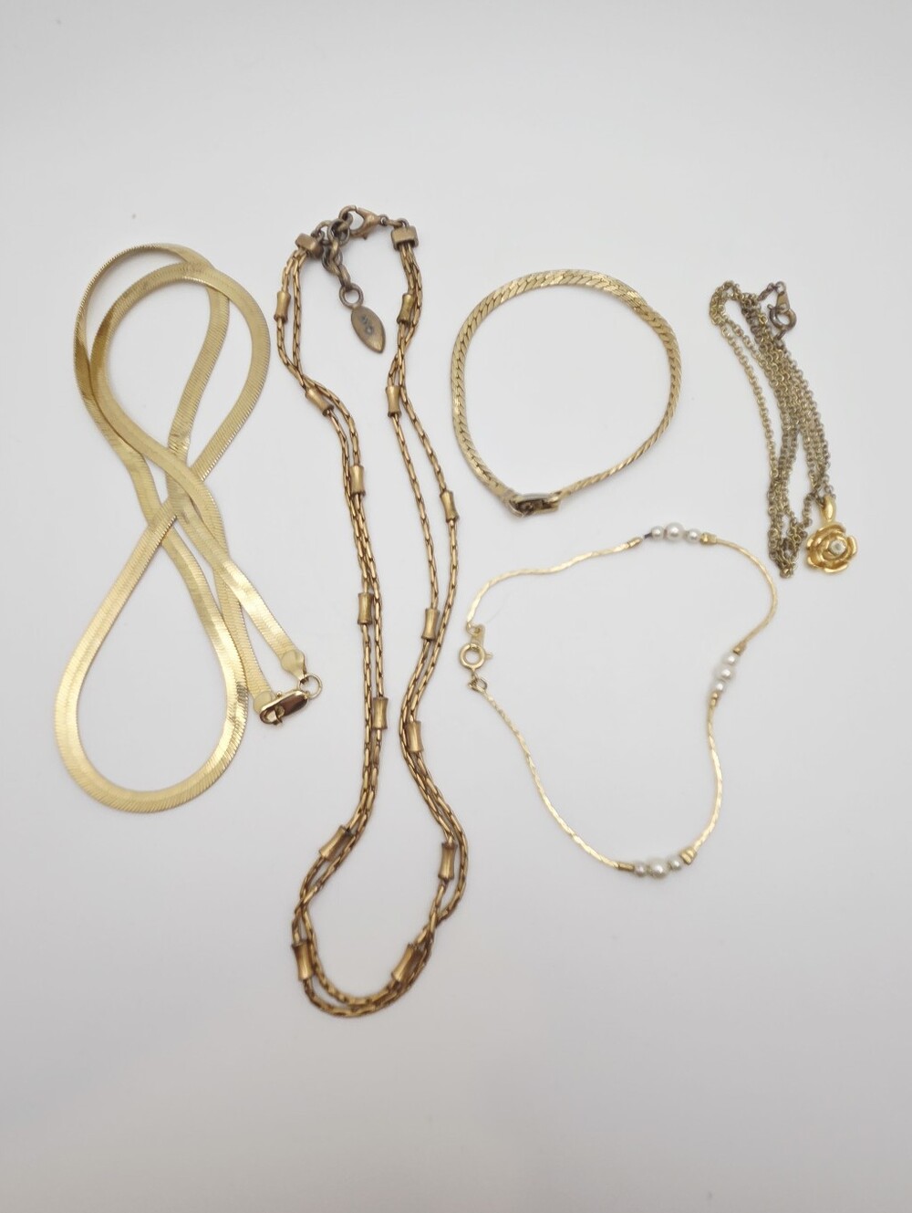 ​Vintage Anne Klein Monet Gold Tone Chain Necklace Lot - Pearl Herringbone 5pc